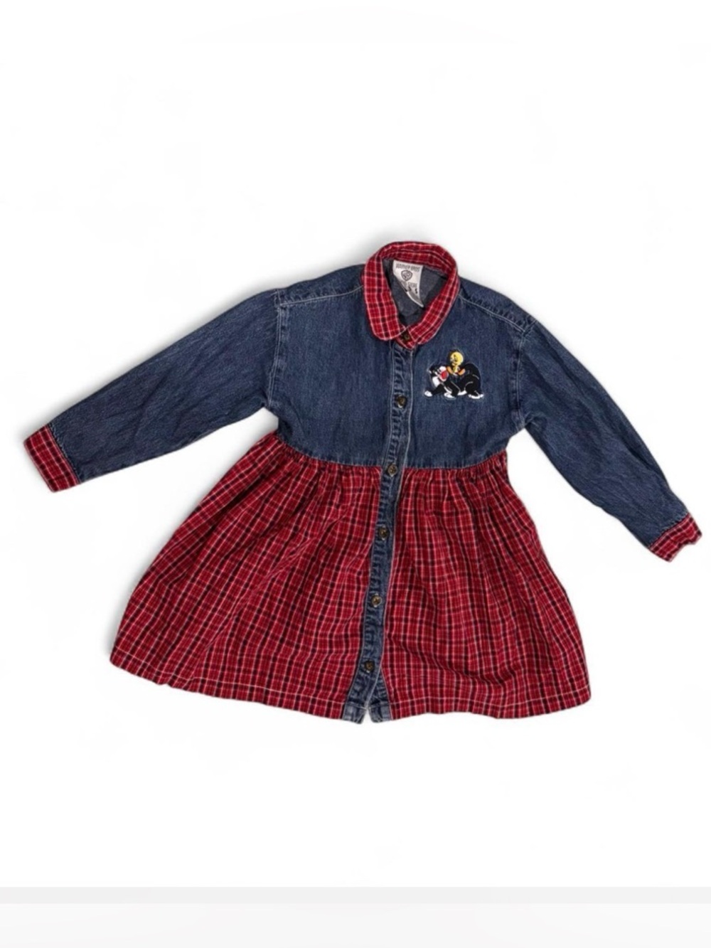 Vintage Warner Bros Kids XS Tweety Sylvester Denim Plaid Dress Looney Tunes